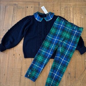 Janie and jack marine blue bobble knit sweater and plaid legging set girls 7